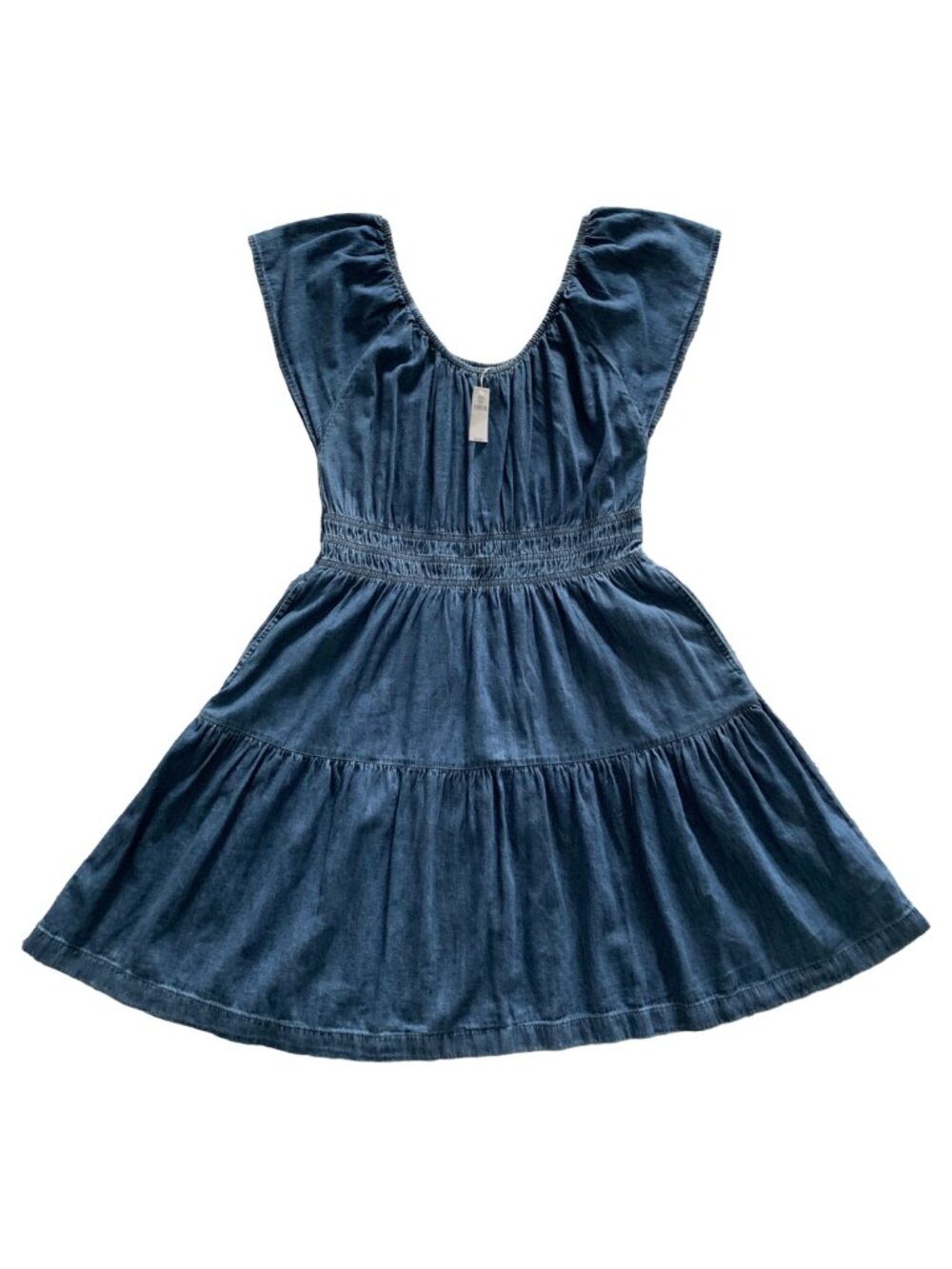 NWT GAP Denim Short Flutter Sleeve Tiered Round Neck Mini Dress w. Pockets Sz L - Picture 9 of 10